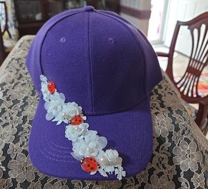Purple Baseball Cap with Floral and Ladybug Accents